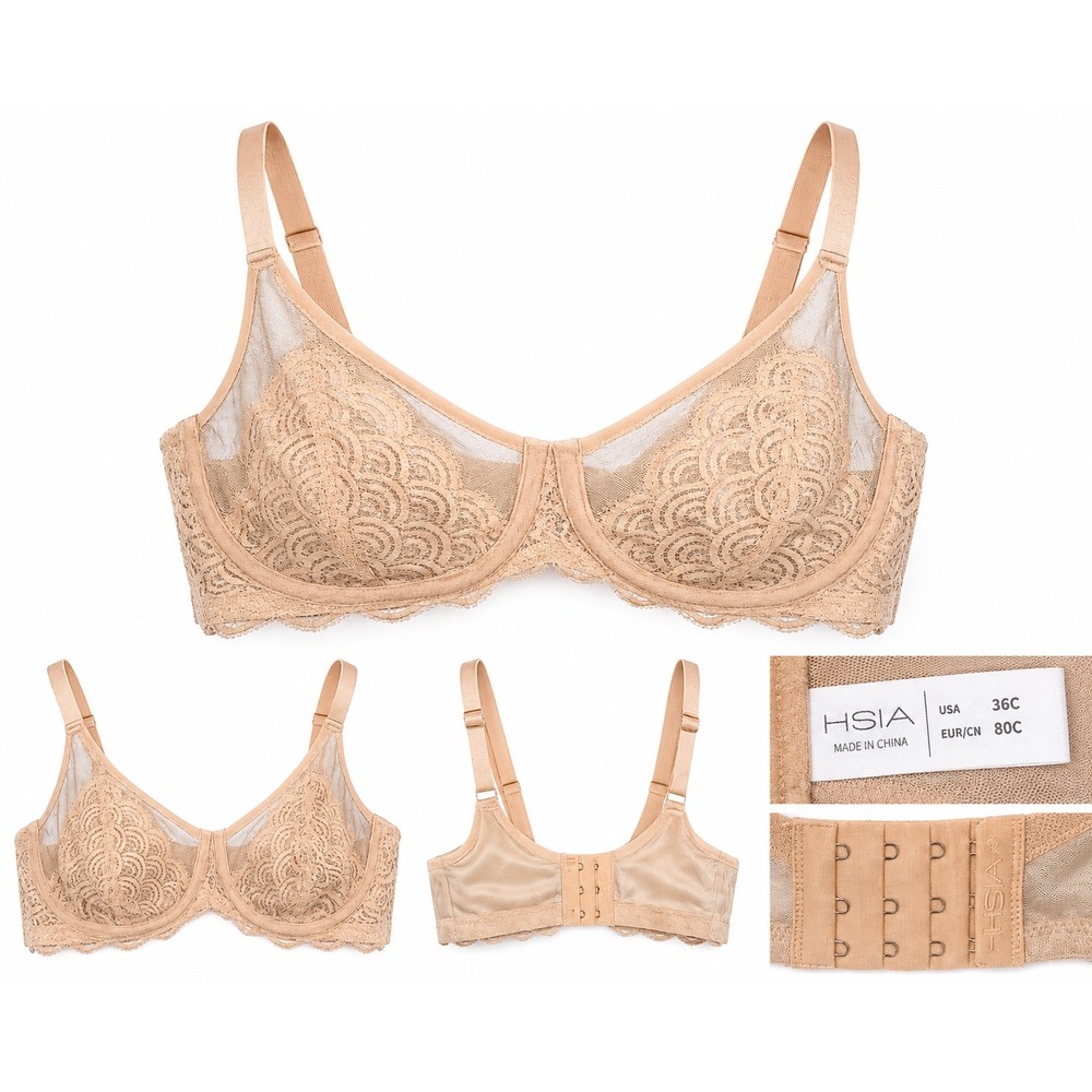 HSIA Lace Underwire Bra Nude Beige 36C Floral